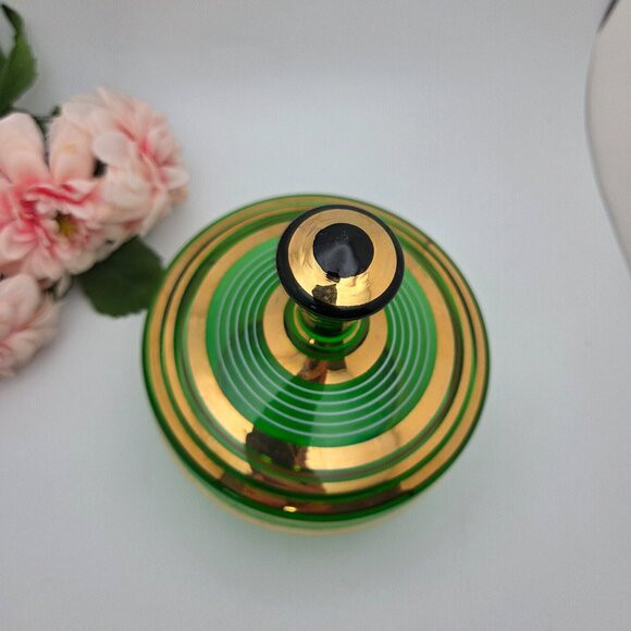 Vintage Bohemian Green Glass Lidded Candy Dish With Gold Stripes Mid Century - Picture 2 of 16